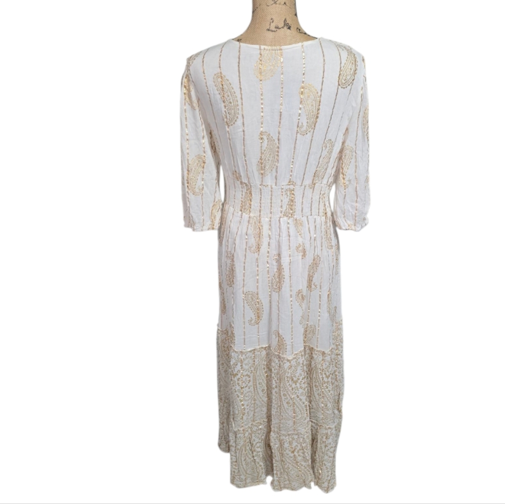 Anthropologie X Magic Me Cream And Metallic Gold Bohemian Lace Midi Dress SZ‎ XL - Picture 4 of 10